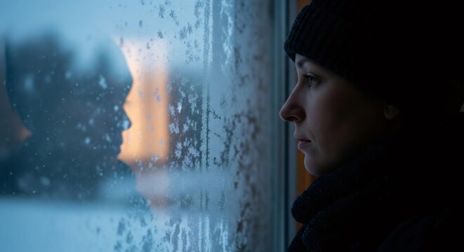 Woman sadly looks out a window on a rainy day indoors, deep in thought