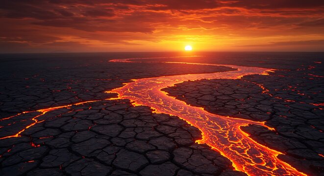 Fiery river of molten rock snakes across cracked earth under a blazing sunset