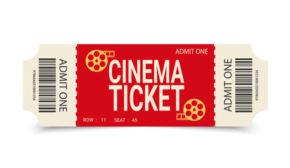 Minimalist cinema ticket design with film reel silhouette. Cinema ticket design with barcode. Vector illustration
