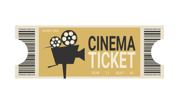Retro cinema ticket template with old movie camera silhouette. Cinema ticket design. Vector illustration