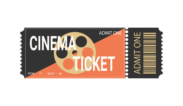 Cinema ticket template with film reel silhouette. Minimalist cinema ticket design. Vector illustration