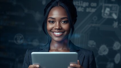 Stunning African-American businesswoman smiling with a tablet in a modern, tech-forward office, ready to conquer her goals and elevate your brand today