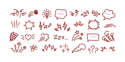 Manga expression. Emotion and motion comic hand drawn elements. Speech bubbles, stars and swirls, lightning and music sound minimal icons for comics and media. Vector set