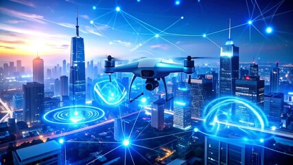 Drone flying over city with digital network. - Powered by Adobe