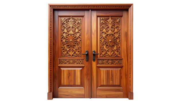Ornate Hand-Carved Wooden Double Door with Floral Javanese Patterns