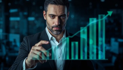 Serious businessman analyzes rising stock market trends, visualizing financial growth and investment opportunities with cutting edge technology display
