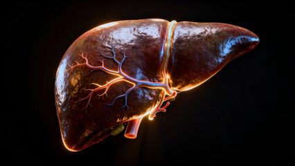 Anatomical 3d visualization of human liver. Medical 3D model of patient liver, exact model with blood vessels and anatomical structures. Medical training material concept
