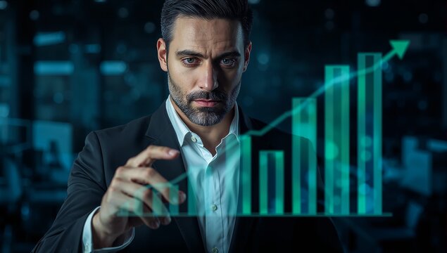 Serious businessman analyzes rising stock market trends, visualizing financial growth and investment opportunities with cutting edge technology display
