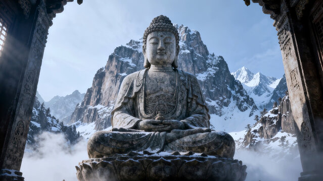 Majestic Buddha figure in snowy mountains. Serene Buddha statue surrounded by snowy mountains. Peace, spirituality, meditation, harmony and zen concept - Powered by Adobe