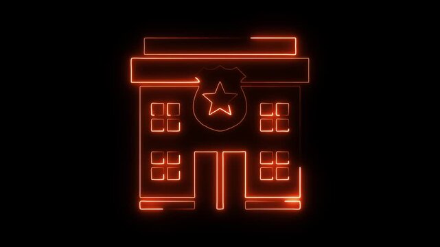 Neon police station building glowing orange outline symbol on black background representing law enforcement justice