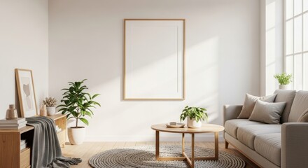 Bright and serene living room with a blank frame ready for personalization and design