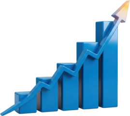 Blue 3D bar chart with an upward trending arrow indicating growth and success with the arrow's tip glowing yellow business finance increase rising statistic data report financial