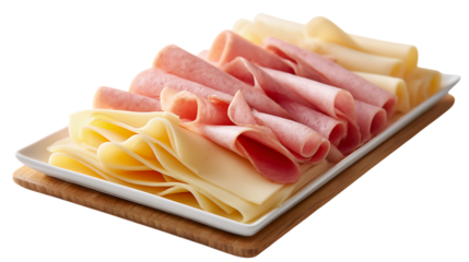 Angle shot of a rectangular white platter with a light wooden trim, filled with alternating, neatly folded slices of pink cooked ham and pale yellow cheese.