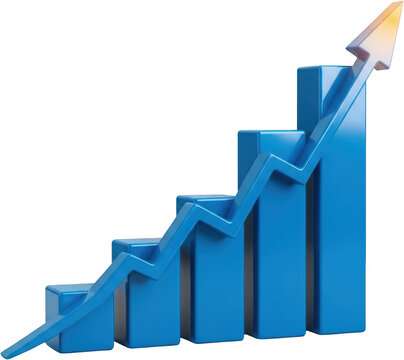 Blue 3D bar chart with an upward trending arrow indicating growth and success with the arrow's tip glowing yellow business finance increase rising statistic data report financial