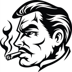 silhouette shows an intense man smoking a cigar with a monochrome style