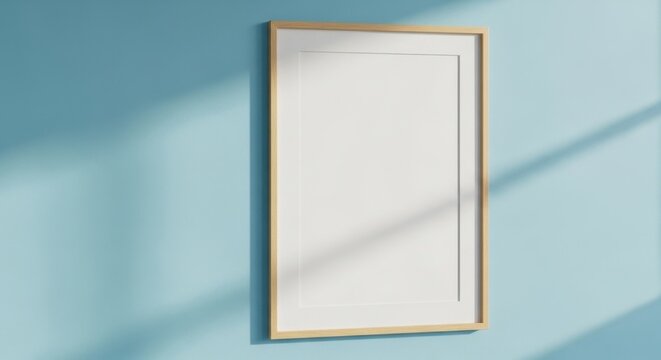 Minimalist empty white picture frame hanging on a light blue wall with shadows creating a calm