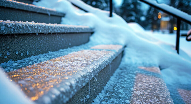Icy outdoor stairs with salt sprinkled in winter evening