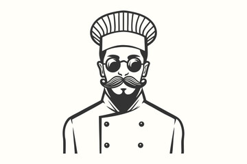 Monochrome chef character dons sunglasses and sports a majestic handlebar mustache in vintage style