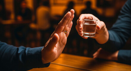 Hand Rejecting a Glass of Alcoholic Beverage Offered by a Blurred Person, Symbolizing Anti-Alcoholism