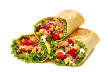 Colorful grilled chicken meal, Crispy chicken and vegetable stuffed tortilla wraps for lunch