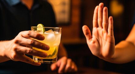 Hand Rejecting a Glass of Alcoholic Beverage Offered by a Blurred Person, Symbolizing Anti-Alcoholism