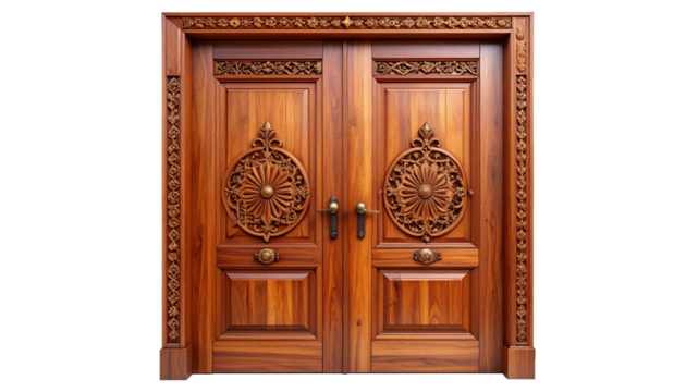 Traditional Teak Double Door Featuring Intricate Floral Relief Carvings