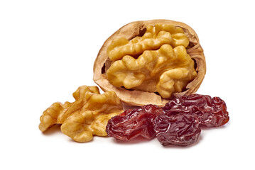 Visual depiction of crunchy walnut pieces alongside glistening dried grapes on white background