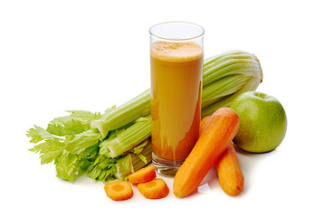 Healthy lifestyle shot showcasing coldpressed juice surrounded by fresh vegetables and fruit slices