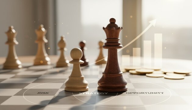 Queen and pawn on chess board representing strategy and opportunity