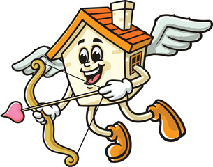 Cartoon house mascot is being cupid
