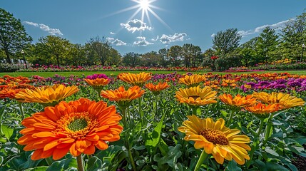 Vibrant botanical garden scene featuring a stunning display of orange and yellow gerbera daisies under a bright, sunny sky with scattered clouds and lush green trees in the background.