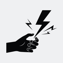 Silhouette hand holding lightning bolt energy and power vector illustration