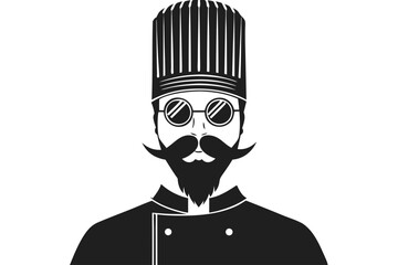 Serious chef with round glasses and black beard wears a tall hat