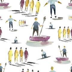 Watercolor painting, person in motion, human emotions, pattern