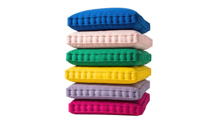 Stack of colorful floor cushions isolated on white background for decor