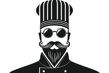 Monochrome chef with stylish beard, mustache, sunglasses and toque looks professional in culinary artistry