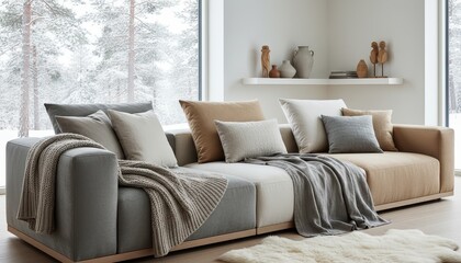 Scandinavian modular sofa with soft layered textiles and winter view