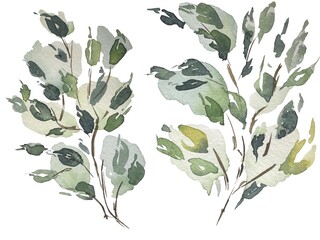Watercolor leaves, branches, tree, hand drawn image