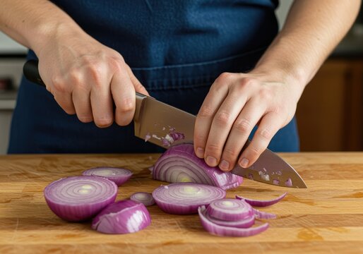 Chopping red onion on a wooden cutting board, kitchen prep, food ingredients - Powered by Adobe