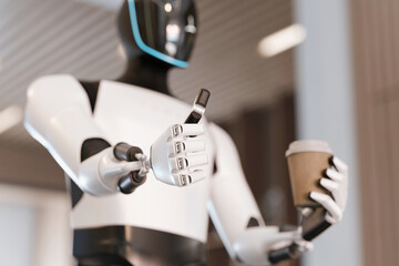 AI humanoid robot offers a coffee cup and gives a thumbs-up gesture in a modern office or cafe setting. Concept of excellent automated service and quality. Digital assistant robot on a coffee break