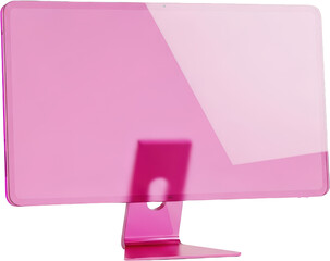 A modern pink all in one computer viewed from the back showcasing a sleek minimalist design and a transparent pink casing with a metallic stand Technology Allinone Display
