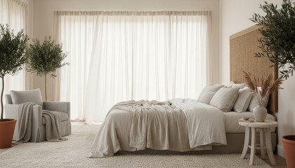 Fototapeta premium Airy bedroom with linen textures and soft neutral palette
