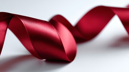 Elegant centered red satin ribbon gracefully curled on a white surface with soft highlights, symbolizing celebration and sophistication with space for text
