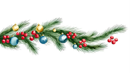 Festive Christmas Garland with Pine Branches, Ornaments, and Berries for Holiday Decoration. Christmas and New Year Garland