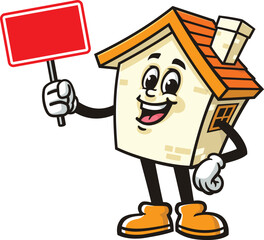 Cartoon house mascot holding a blank sign