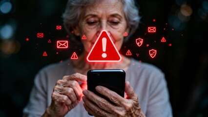 Elderly Woman Receiving Digital Scam Warning on Smartphone Screen