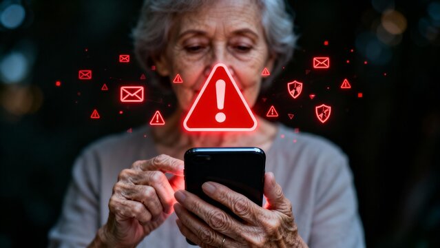 Elderly Woman Receiving Digital Scam Warning on Smartphone Screen - Powered by Adobe