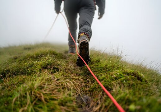 Close up of hiking boot on a mountain trail in the fog with a rope