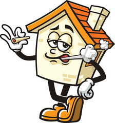 Cartoon house mascot is smoking