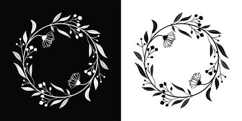 Handdrawn black floral wreath with berries and flowers on a white background, perfect for invitations and decorative designs